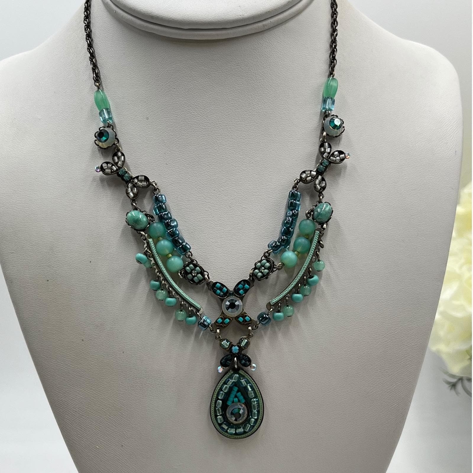 Ayala Bar Meadow Teal Aqua Glass Beads Swarovski Crystals And Stones Necklace